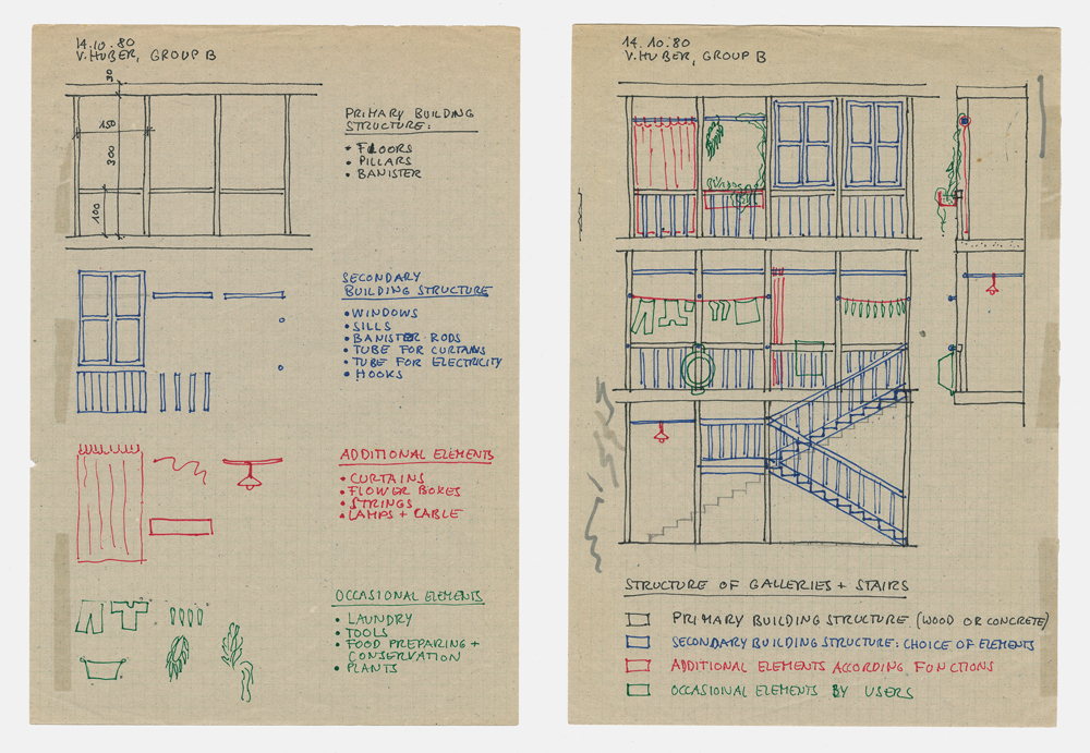 Verena Huber, Skizzen zum Projekt  im Interdesign-Workshop in Tbilisi (Vom Rohbau bis zu den Spuren der Benützer), 1980