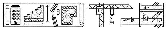 Eine Illustration zeigt links einen aufgerollten Plan und rechts ein Gerüst und einen Kran. 