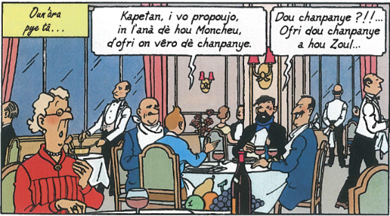 La célèbre bande-dessinée de Tintin « L’affaire Tournesol », qui se déroule en partie en Suisse, a été traduite en francoprovençal gruérien en 2007 pour célébrer le 100e anniversaire de naissance du dessinateur Hergé.