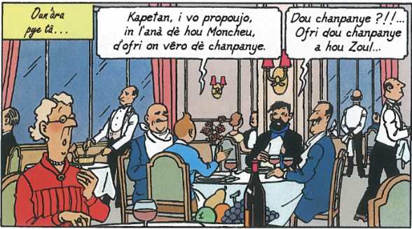 La célèbre bande-dessinée de Tintin « L’affaire Tournesol », qui se déroule en partie en Suisse, a été traduite en francoprovençal gruérien en 2007 pour célébrer le 100e anniversaire de naissance du dessinateur Hergé.