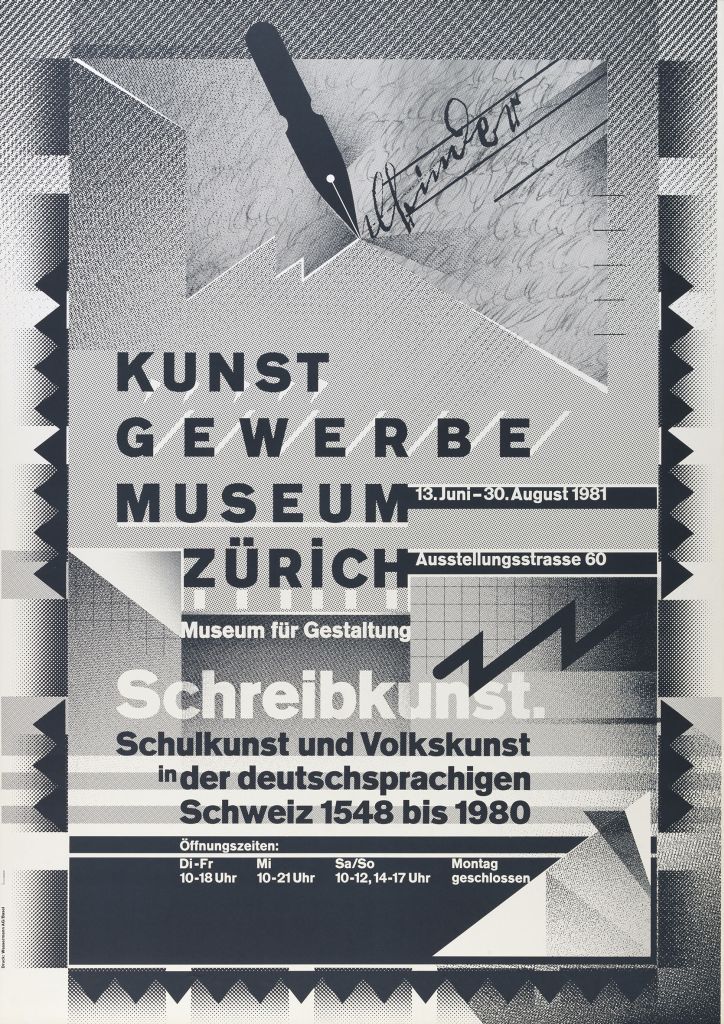 Wolfgang Weingart, Kunstgewerbemuseum Zürich – Schreibkunst, Ausstellungsplakat, 1981, Offset (Foto-Collage)